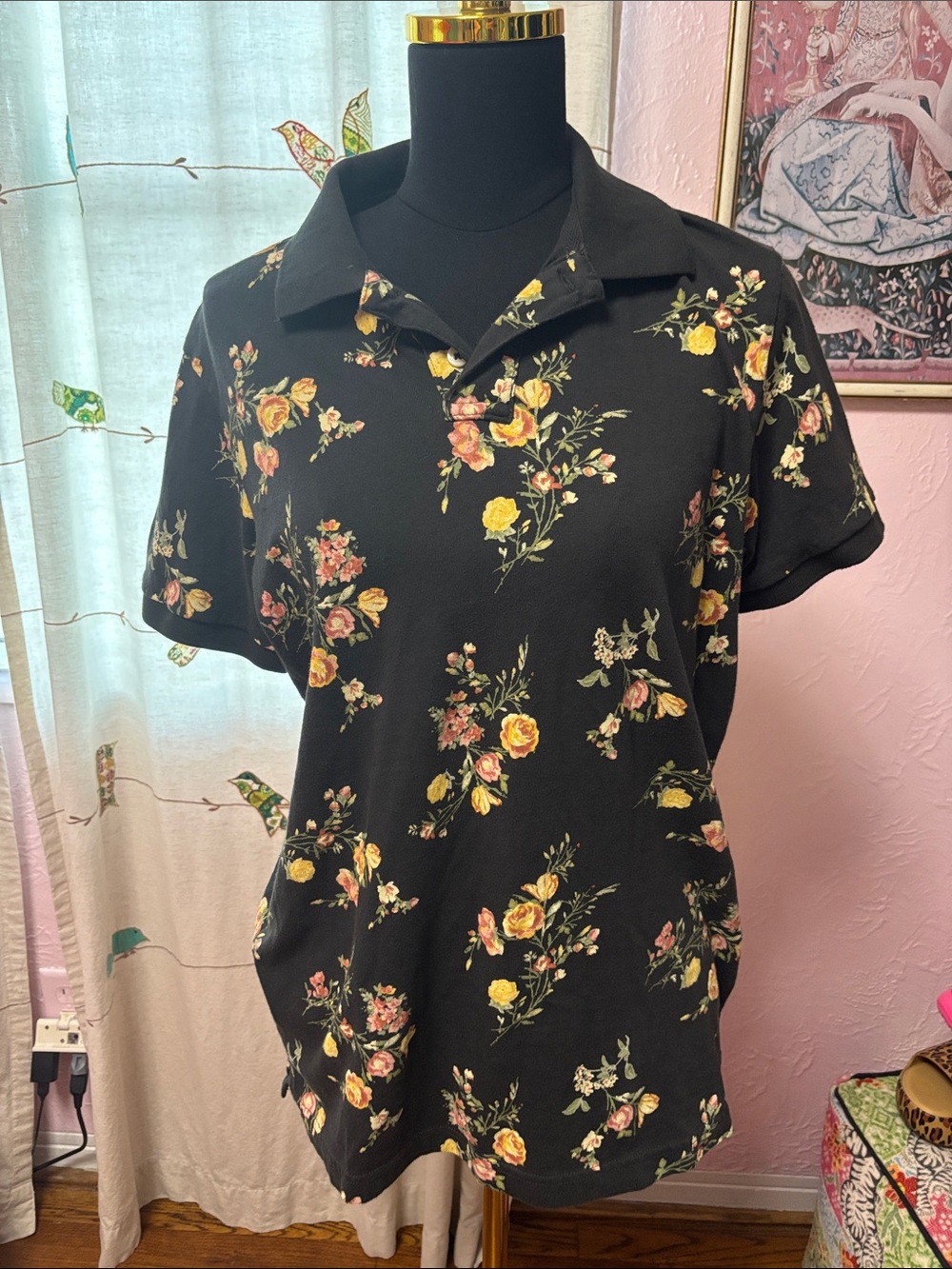 Aeropostale Black Floral Tee with Pink & Yellow Blooms
